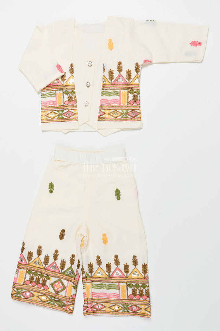 The Nesavu Girls Casual Set Girls Cotton Ethnic Set with Embroidered Jacket for Traditional Functions Nesavu Nesavu girls cotton kurta set embroidered jacket festive events cultural gatherings