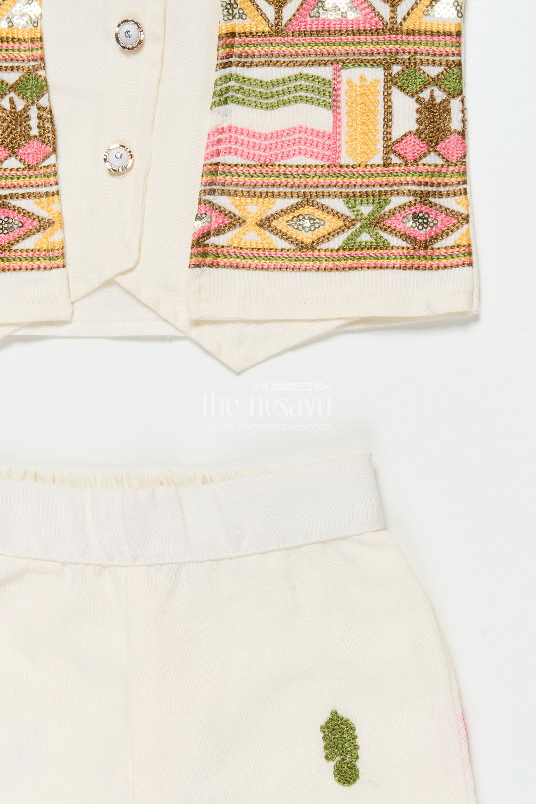 The Nesavu Girls Casual Set Girls Cotton Ethnic Set with Embroidered Jacket for Traditional Functions Nesavu Nesavu girls cotton kurta set embroidered jacket festive events cultural gatherings