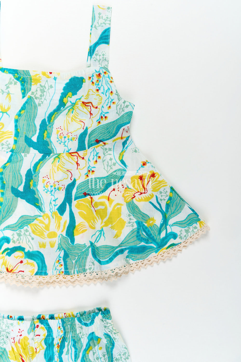 The Nesavu Girls Casual Set Girls Cotton Flared Dress Girls Set in Light Floral Print with Sleeveless Top and Matching Pants Nesavu Cotton Casual Set Girls Dress Style Flared Floral Top Printed Pants | The Nesavu