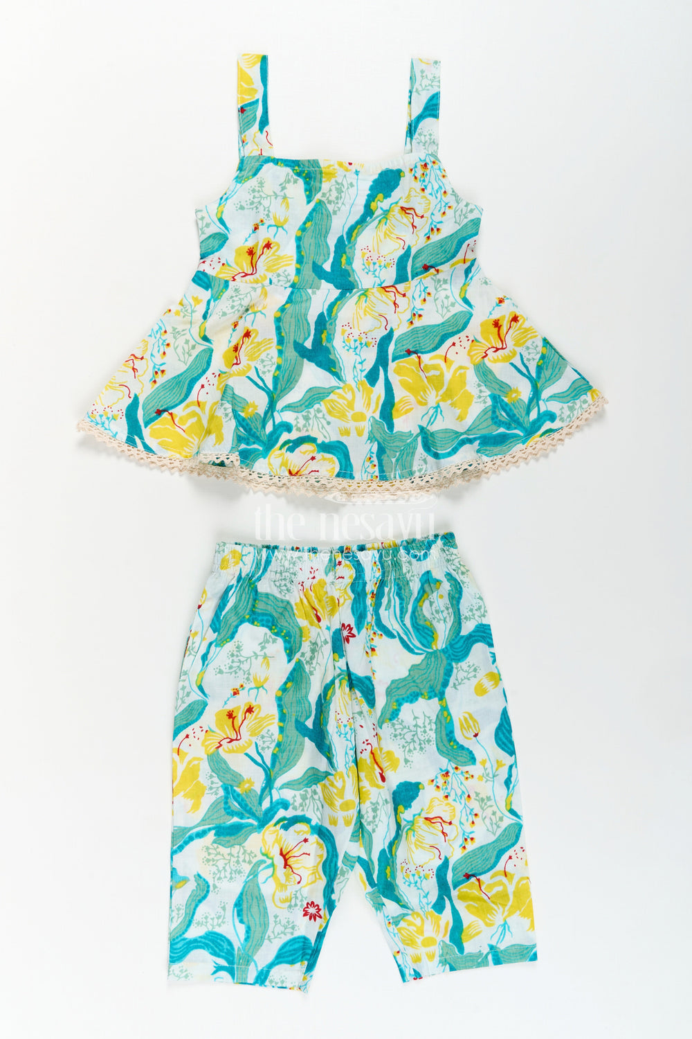 The Nesavu Girls Casual Set Girls Cotton Flared Dress Girls Set in Light Floral Print with Sleeveless Top and Matching Pants Nesavu Cotton Casual Set Girls Dress Style Flared Floral Top Printed Pants | The Nesavu