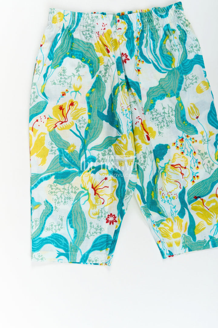 The Nesavu Girls Casual Set Girls Cotton Flared Dress Girls Set in Light Floral Print with Sleeveless Top and Matching Pants Nesavu Cotton Casual Set Girls Dress Style Flared Floral Top Printed Pants | The Nesavu