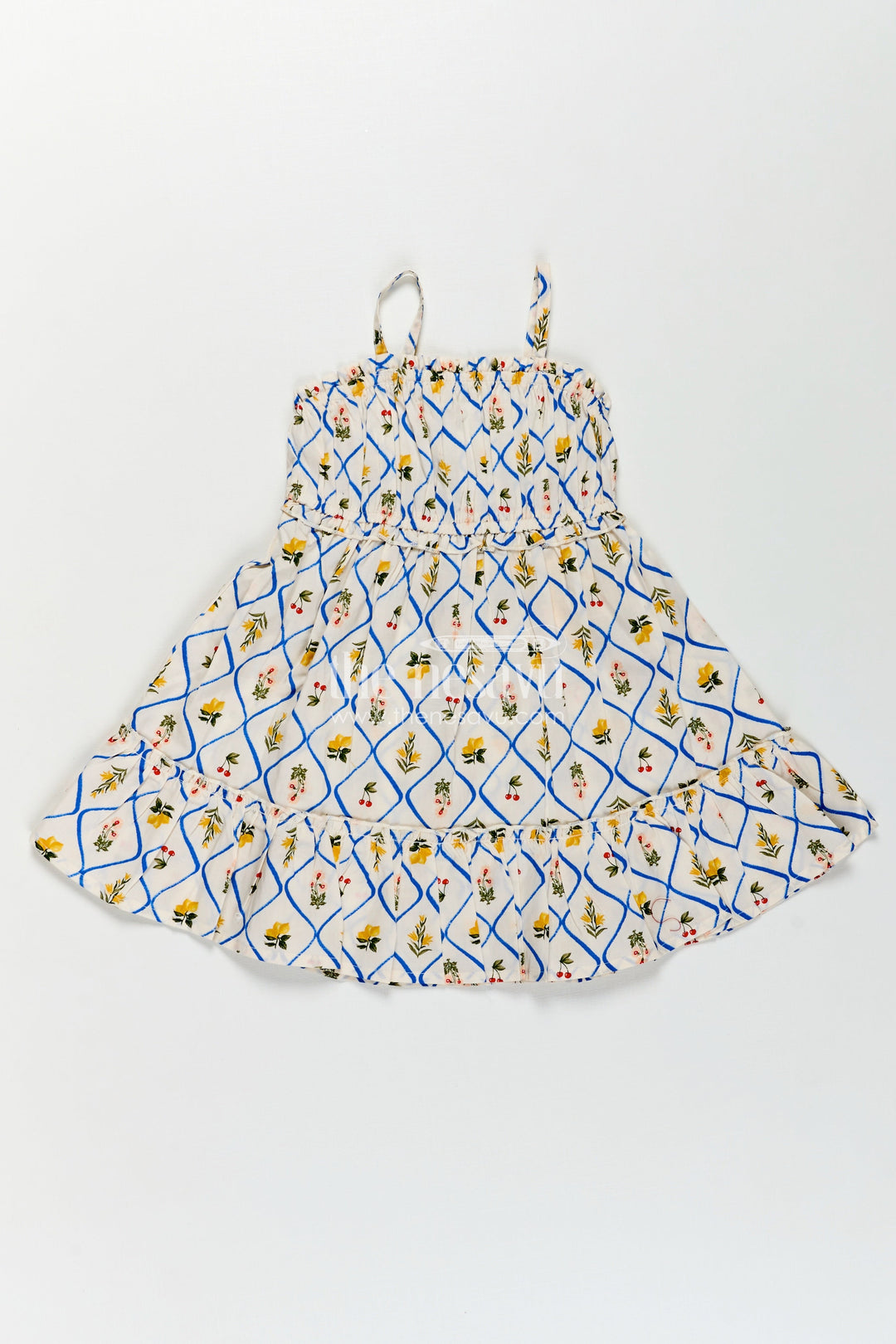 The Nesavu Girls Cotton Frock Girls Cotton Floral Frocks with Spaghetti Straps and Tiered Hem in Soft Digital Print for Summer Days Nesavu 16 (1Y) / Beige GFC1752A-16 Girls Cotton Floral Frocks Digital Print Tiered Hem Comfortable Summer Fashion | The Nesavu