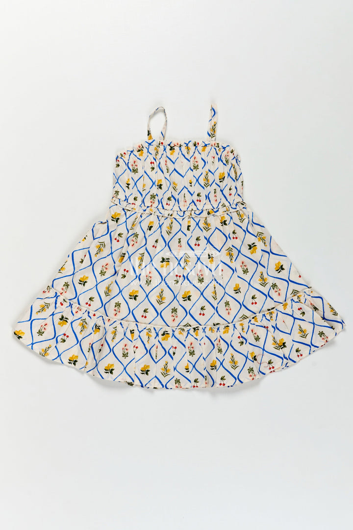 The Nesavu Girls Cotton Frock Girls Cotton Floral Frocks with Spaghetti Straps and Tiered Hem in Soft Digital Print for Summer Days Nesavu 16 (1Y) / Beige GFC1752A-16 Girls Cotton Floral Frocks Digital Print Tiered Hem Comfortable Summer Fashion | The Nesavu