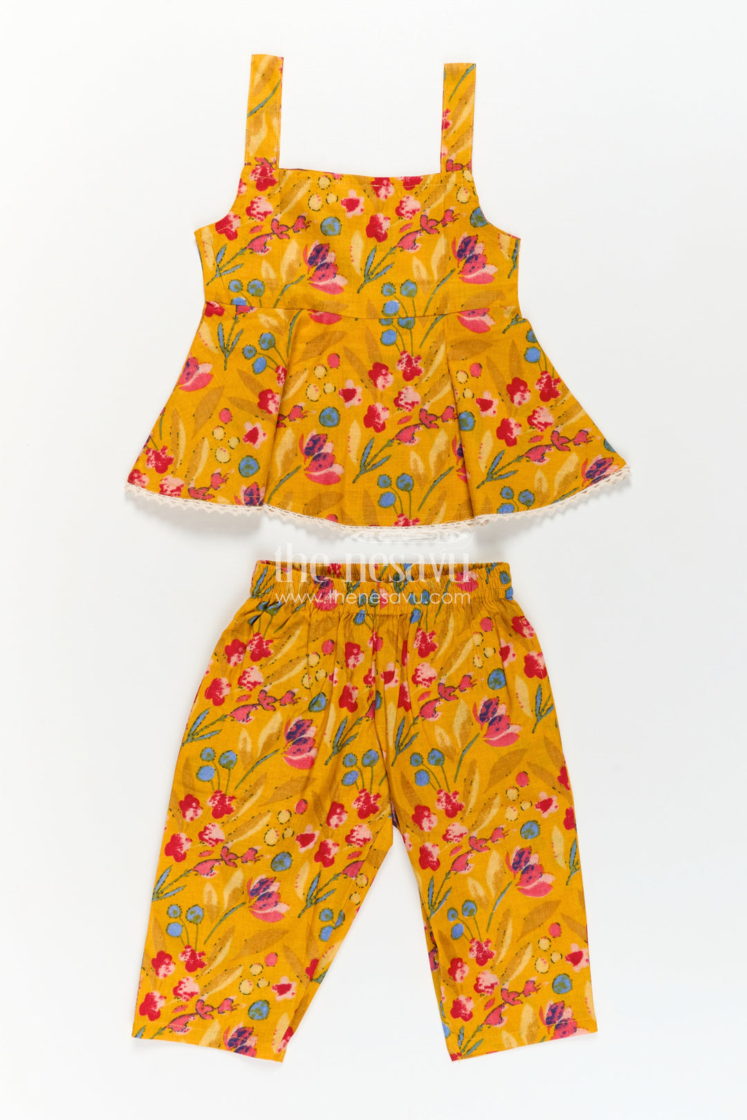 The Nesavu Girls Casual Set Girls Cotton Flowy Dress Style Yellow Casual Set with Floral Digital Print and Comfort Pants Nesavu 16 (1Y) / Yellow GPS608A-16 Girls Cotton Flowy Dress Style Floral Printed Yellow Casual Set Pants | The Nesavu