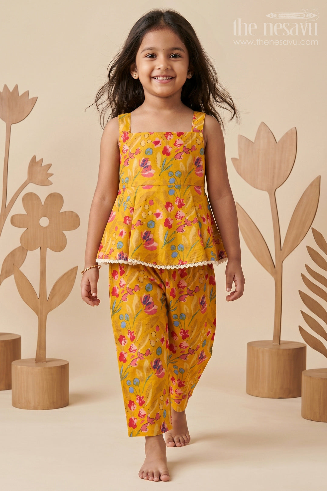 The Nesavu Girls Casual Set Girls Cotton Flowy Dress Style Yellow Casual Set with Floral Digital Print and Comfort Pants Nesavu 16 (1Y) / Yellow GPS608A-16 Girls Cotton Flowy Dress Style Floral Printed Yellow Casual Set Pants | The Nesavu