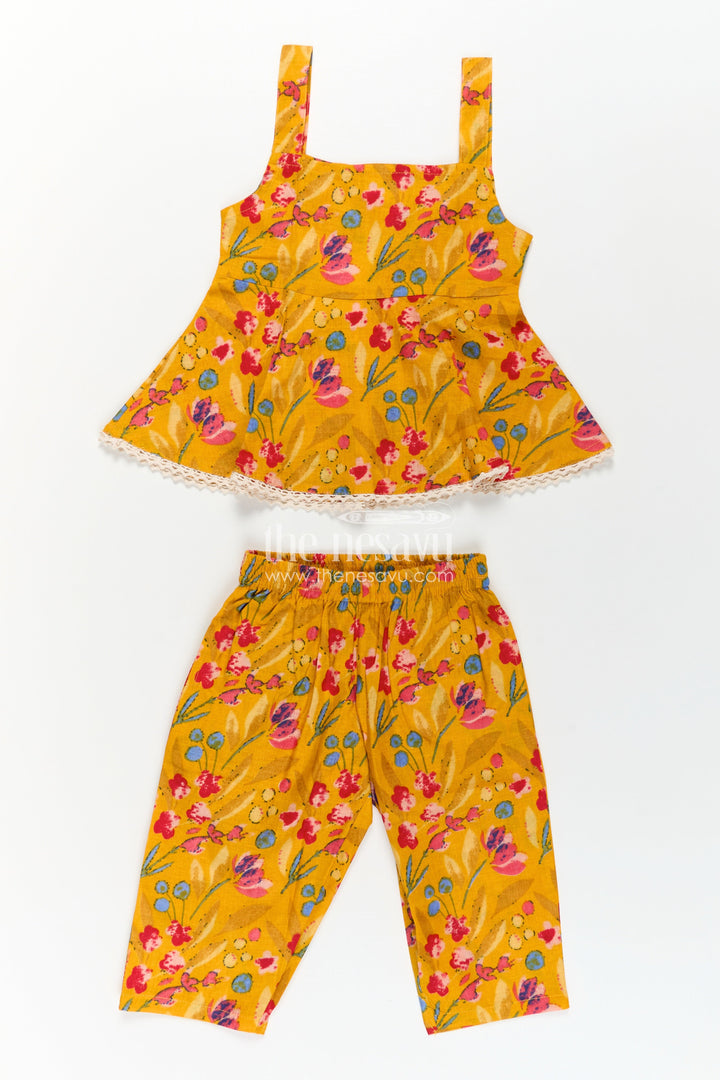 The Nesavu Girls Casual Set Girls Cotton Flowy Dress Style Yellow Casual Set with Floral Digital Print and Comfort Pants Nesavu Girls Cotton Flowy Dress Style Floral Printed Yellow Casual Set Pants | The Nesavu