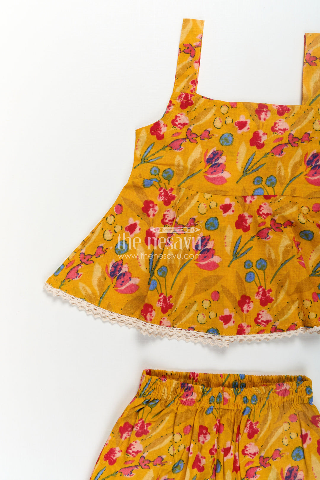 The Nesavu Girls Casual Set Girls Cotton Flowy Dress Style Yellow Casual Set with Floral Digital Print and Comfort Pants Nesavu Girls Cotton Flowy Dress Style Floral Printed Yellow Casual Set Pants | The Nesavu