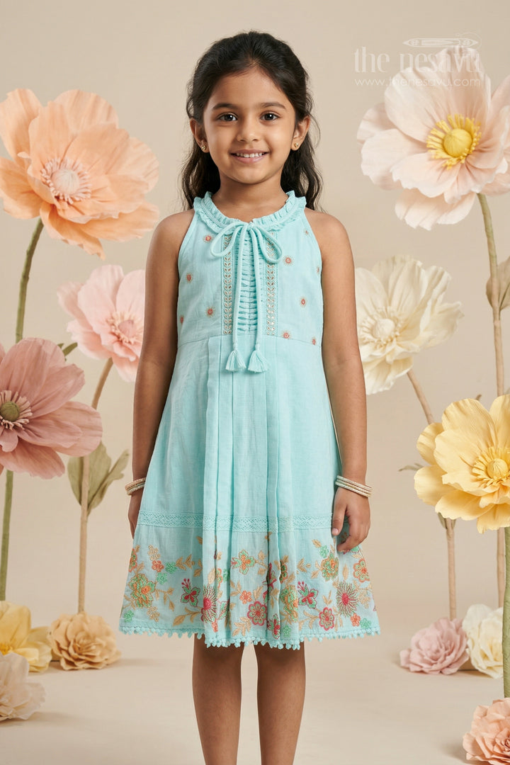 The Nesavu Girls Cotton Frock Girls Cotton Frock for Birthday Outings and Playful Twirl Moments Nesavu 22 (4Y) / Turquoise / Cotton GFC2146A-22 Nesavu Girls Cotton Embroidered Frock For Birthday Celebrations And Playful Twirl Moments