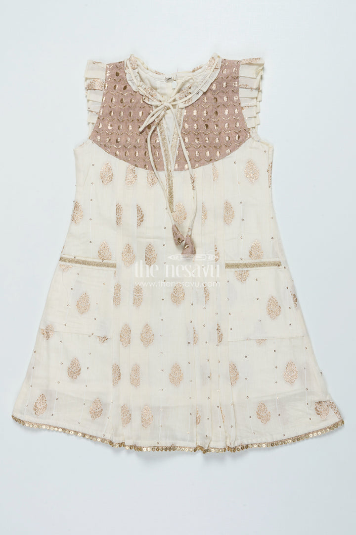 The Nesavu Girls Cotton Frock Girls Cotton Frock for Festivals and Cultural School Events Nesavu 22 (4Y) / Cream GFC1799A-22 Nesavu cotton frock girls ethnic print embroidered yoke school events