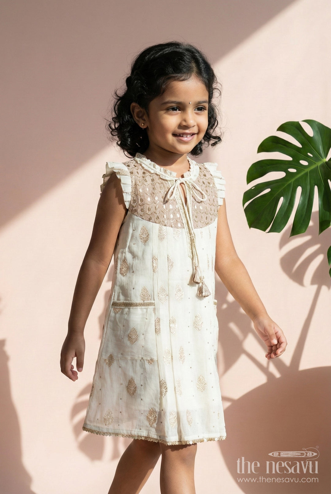 The Nesavu Girls Cotton Frock Girls Cotton Frock for Festivals and Cultural School Events Nesavu 22 (4Y) / Cream GFC1799A-22 Nesavu cotton frock girls ethnic print embroidered yoke school events