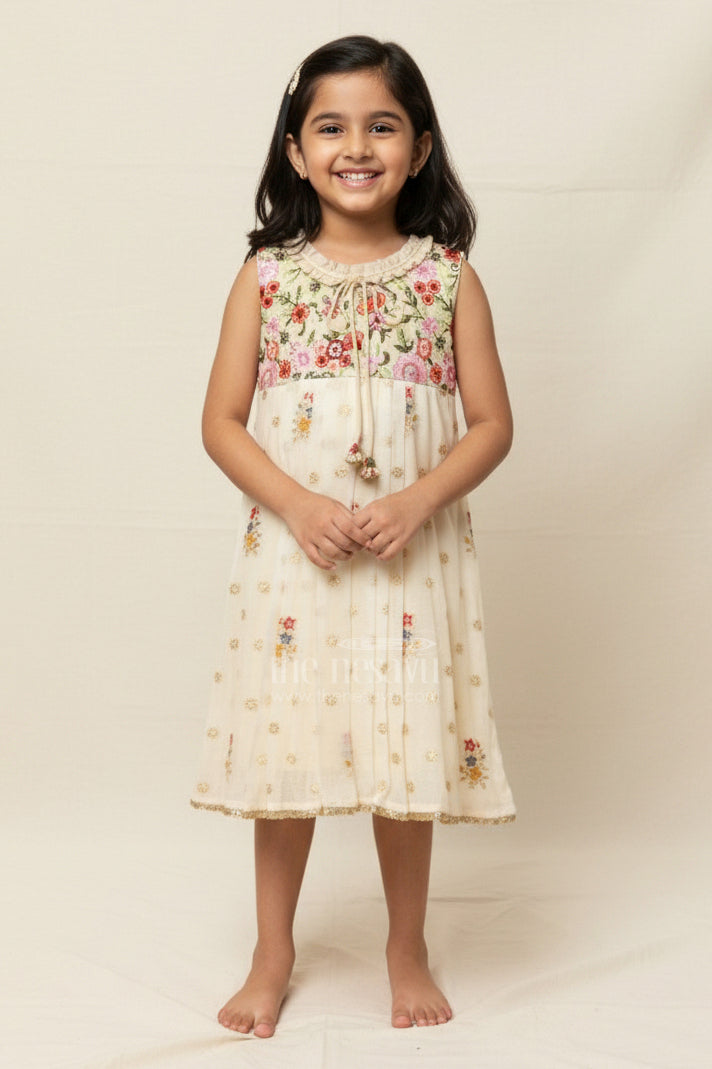 The Nesavu Girls Cotton Frock Girls Cotton Frock for Festive Days and Family Outings Nesavu 22 (4Y) / Cream GFC1800A-22 Nesavu embroidered cotton frock girls  ideal festive occasions casual ethnic wear