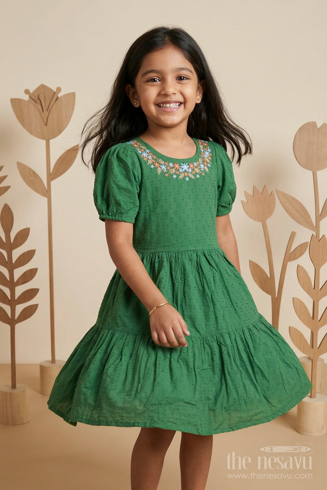 The Nesavu Girls Cotton Frock Girls Cotton Frock for Festive Outings and Family Celebrations Nesavu 32 (9Y) / Green / Cotton GFC2128B-32 Nesavu girls cotton dobby frock with embroidered neckline for festive events and family celebrations