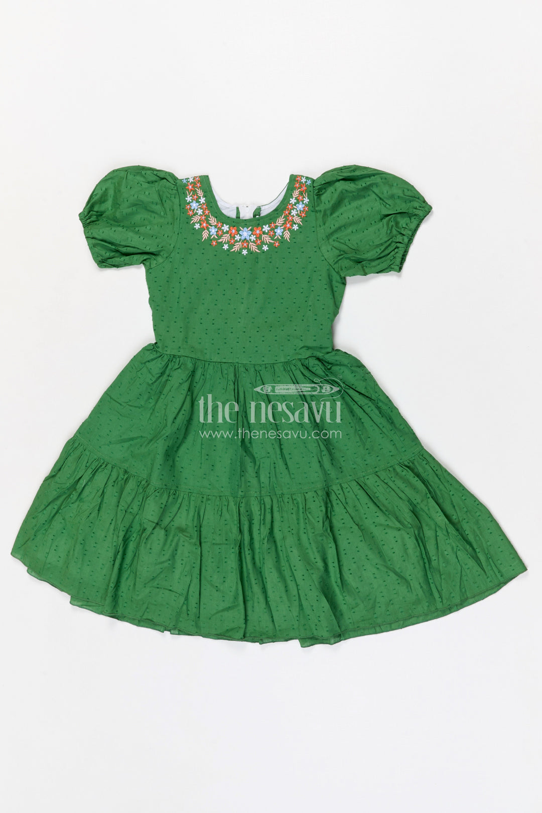 The Nesavu Girls Cotton Frock Girls Cotton Frock for Festive Outings and Family Celebrations Nesavu Nesavu girls cotton dobby frock with embroidered neckline for festive events and family celebrations
