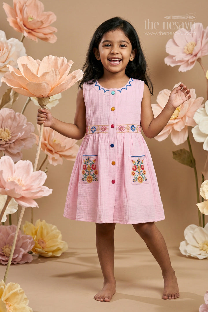 The Nesavu Girls Cotton Frock Girls Cotton Frock for Summer Outings and Playful Everyday Wear Nesavu 20 (3Y) / Pink / Muslin Cotton GFC2148B-20 Nesavu Girls Muslin Cotton Embroidered Frock For Summer Outings Playdates And Casual Wear