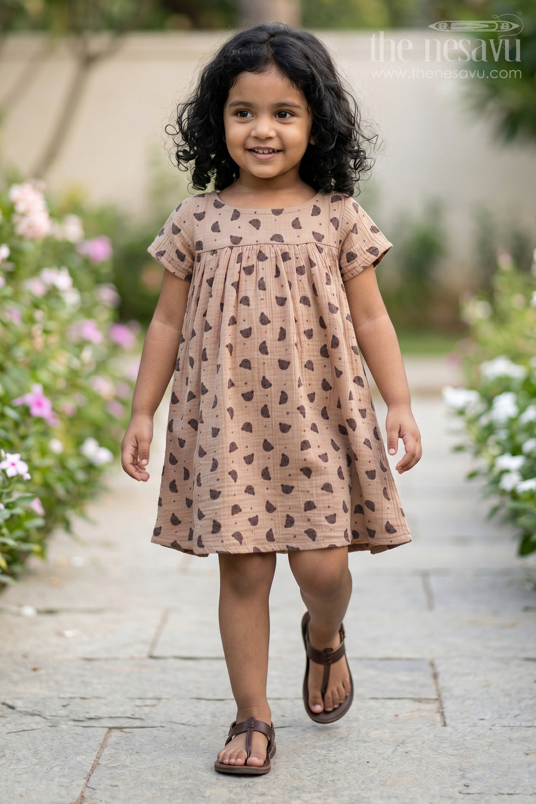 The Nesavu Girls Cotton Frock Girls Cotton Frock Ke Design with Polka Dot Print and Button-Down Detail Nesavu 16 (1Y) / Beige GFC1473A-16 Nesavu Girls Cotton Frock Ke Design Muslin Polka Dot Print Button-Down Front