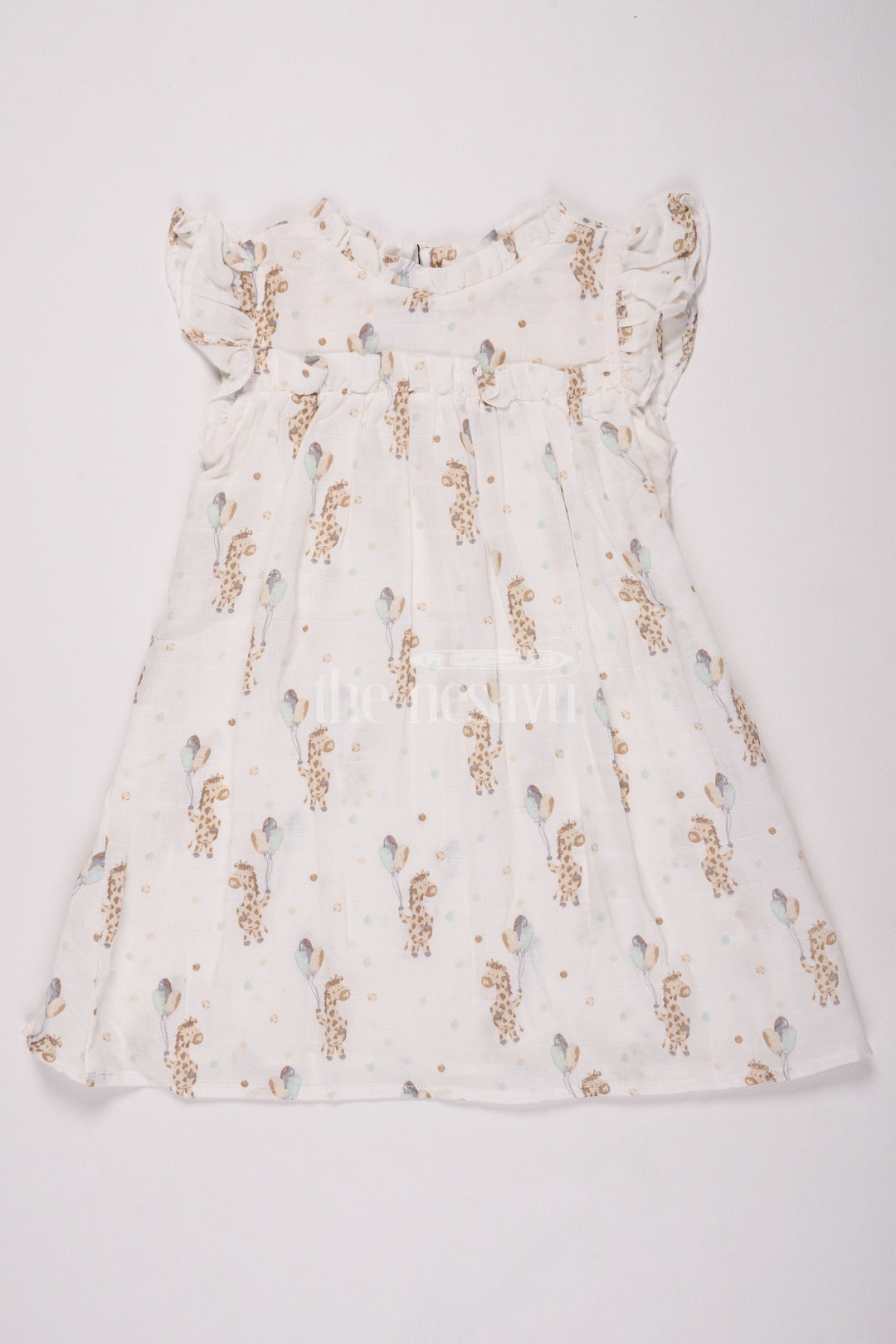 The Nesavu Girls Cotton Frock Girls Cotton Frock Ladies Dress with Delicate Giraffe and Bird Print in Muslin Fabric Nesavu 16 (1Y) / Half white GFC1471A-16 Nesavu Girls Cotton Frock Ladies Dress Giraffe Bird Print Muslin Fabric