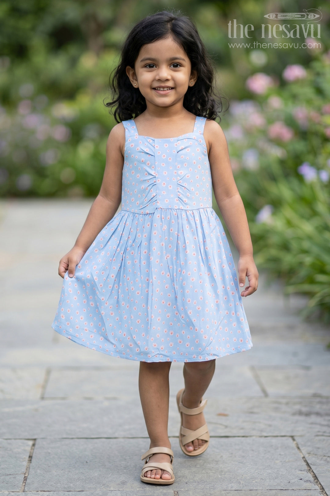 The Nesavu Girls Cotton Frock Girls Cotton Frock Online with Dainty Floral Prints in Light Blue Muslin Fabric Nesavu 16 (1Y) / Blue GFC1474A-16 Nesavu Girls Cotton Frock Online Light Blue Muslin Floral Print