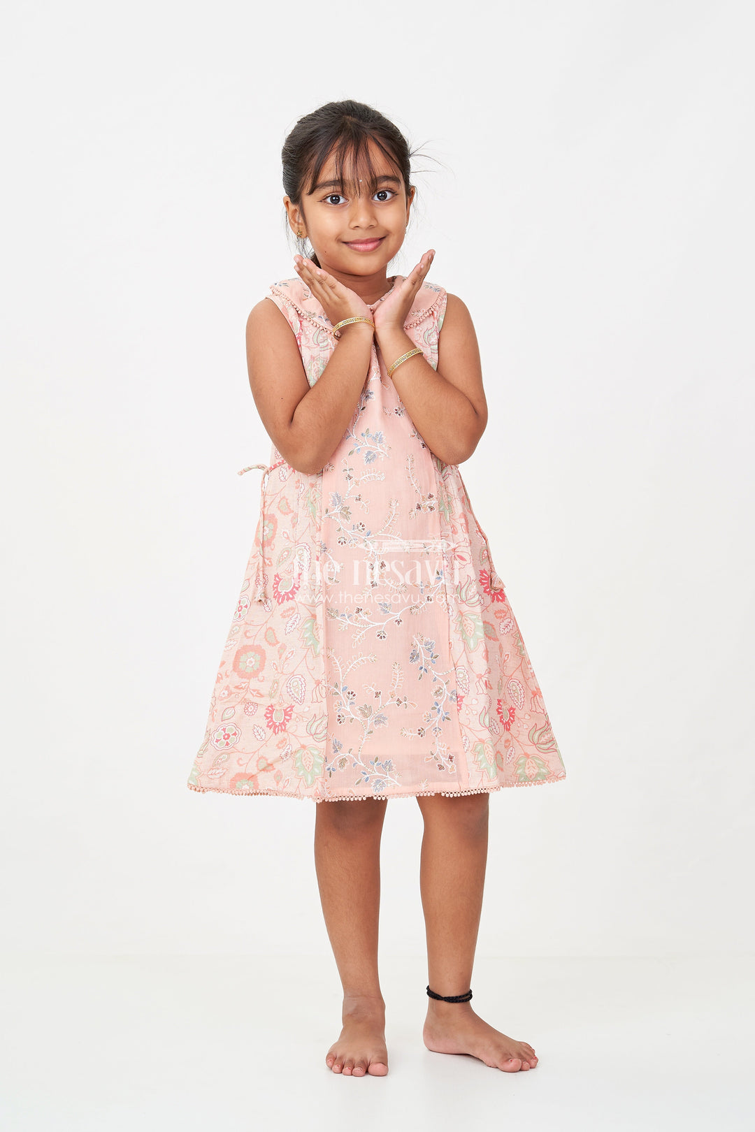 The Nesavu Girls Cotton Frock Girls Cotton Frock Simple Style with Peach Digital Prints and Thread Embroidered Front Nesavu 22 (4Y) / Pink GFC1717A-22 Girls Cotton Frock Simple Peach Floral Design with Thread and Sequin Embroidery | The Nesavu