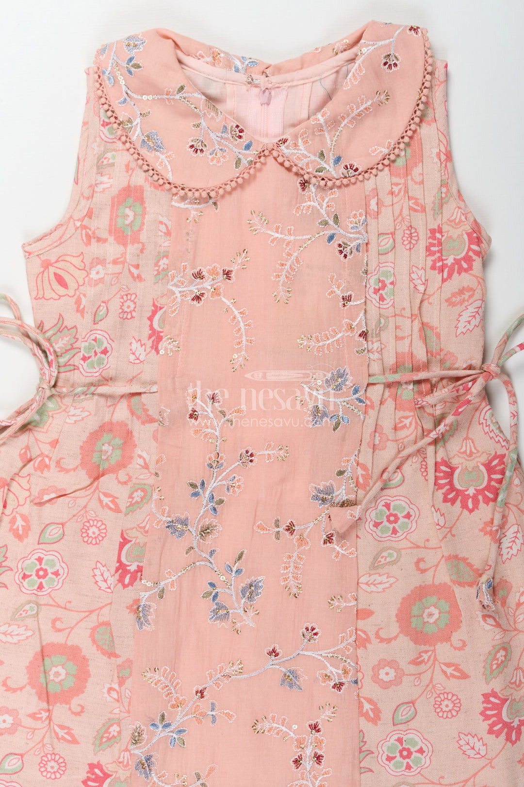 The Nesavu Girls Cotton Frock Girls Cotton Frock Simple Style with Peach Digital Prints and Thread Embroidered Front Nesavu Girls Cotton Frock Simple Peach Floral Design with Thread and Sequin Embroidery | The Nesavu
