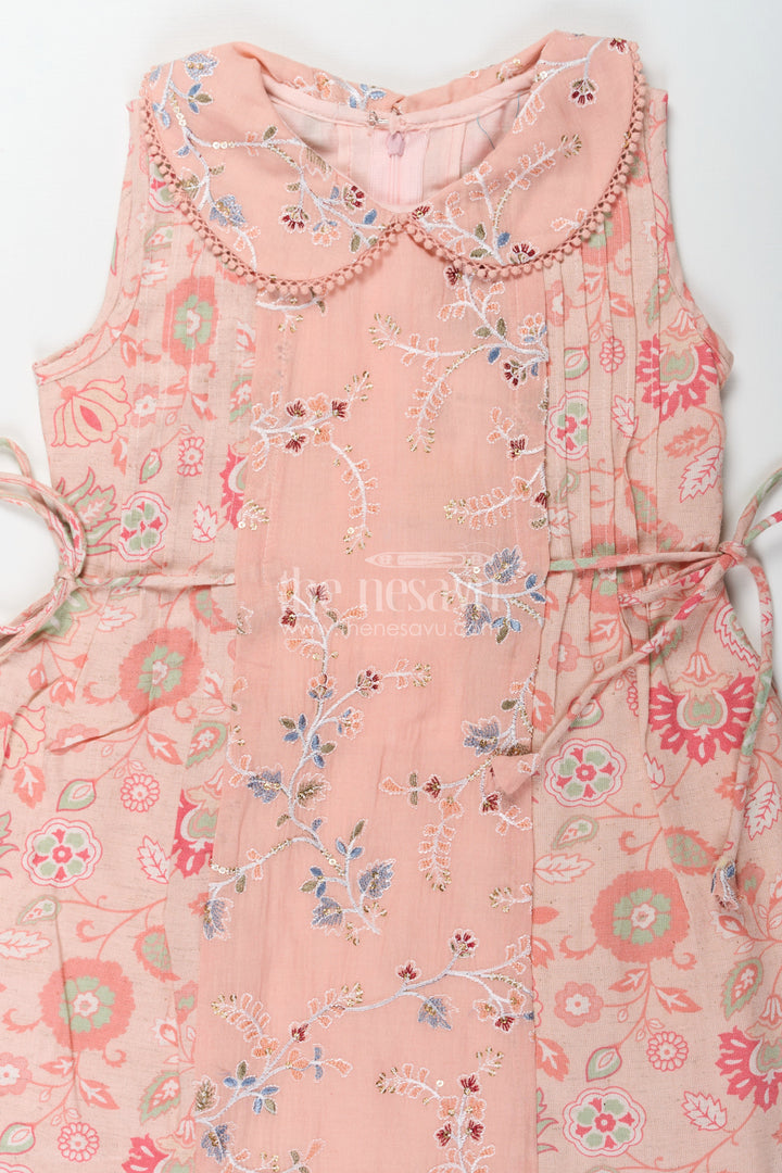 The Nesavu Girls Cotton Frock Girls Cotton Frock Simple Style with Peach Digital Prints and Thread Embroidered Front Nesavu Girls Cotton Frock Simple Peach Floral Design with Thread and Sequin Embroidery | The Nesavu