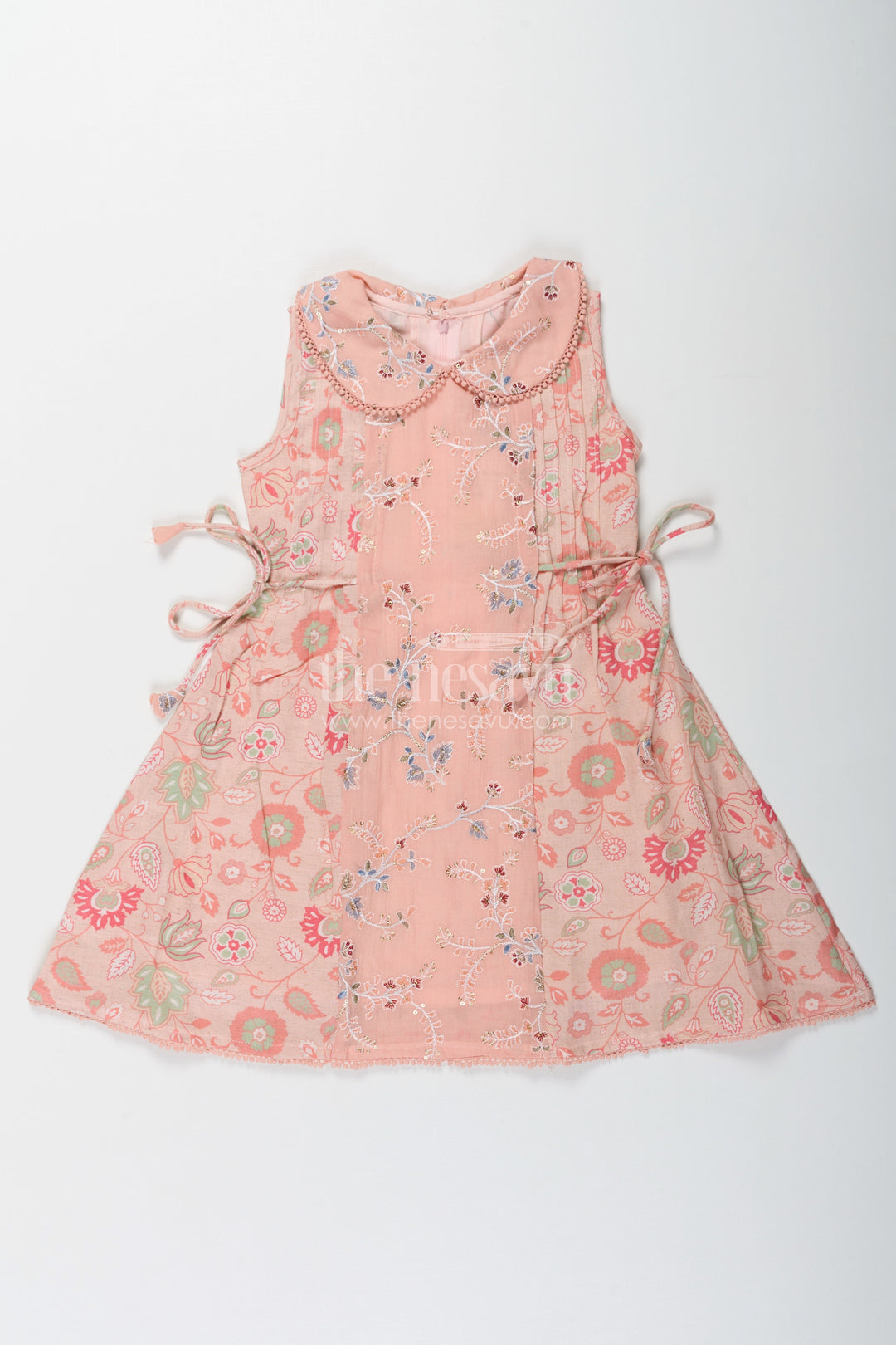 The Nesavu Girls Cotton Frock Girls Cotton Frock Simple Style with Peach Digital Prints and Thread Embroidered Front Nesavu Girls Cotton Frock Simple Peach Floral Design with Thread and Sequin Embroidery | The Nesavu