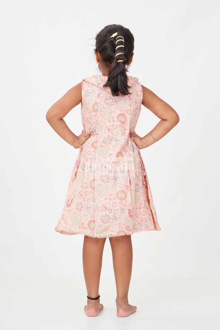 The Nesavu Girls Cotton Frock Girls Cotton Frock Simple Style with Peach Digital Prints and Thread Embroidered Front Nesavu Girls Cotton Frock Simple Peach Floral Design with Thread and Sequin Embroidery | The Nesavu