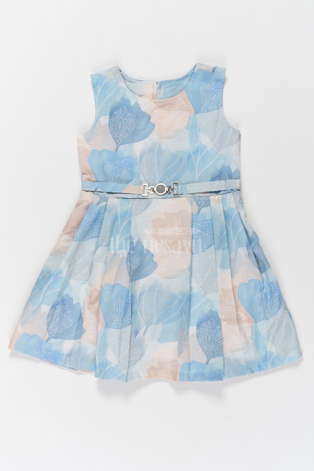 The Nesavu Girls Fancy Frock Girls Cotton Frock with Elegant Blue and Beige Floral Print and Chic Waist Belt Nesavu 22 (4Y) / Blue GFC1521A-22 Nesavu Girls Cotton Frock Elegant Blue Beige Floral Print Chic Waist Belt