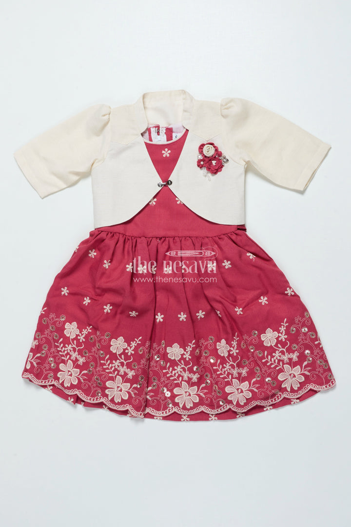 The Nesavu Girls Cotton Frock Girls Cotton Frock with Embroidered Jacket for Festive and Casual Occasions Nesavu 22 (4Y) / Red GFC1920A-22 Nesavu girls cotton frock floral embroidery jacket ideal festive casual occasions