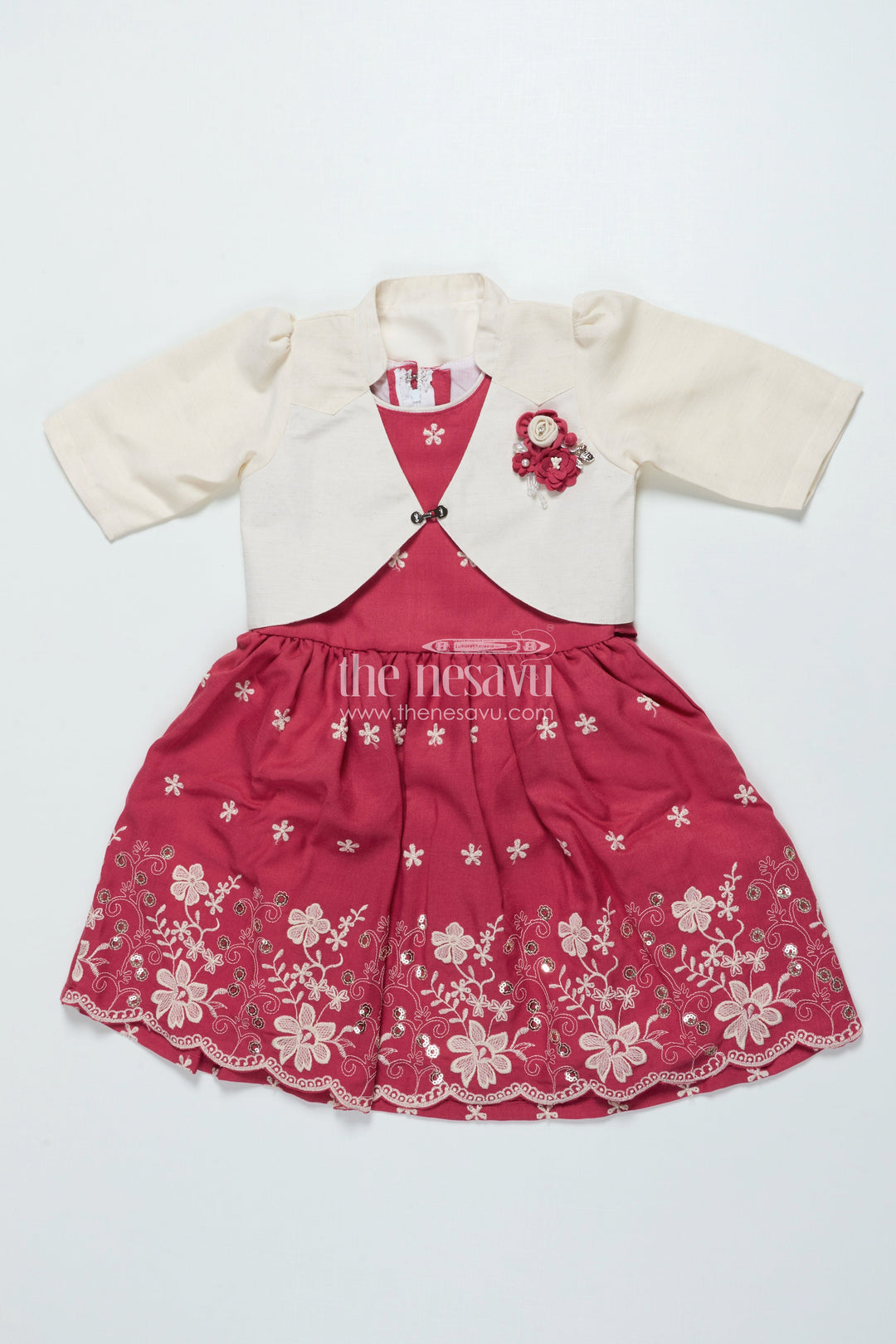 The Nesavu Girls Cotton Frock Girls Cotton Frock with Embroidered Jacket for Festive and Casual Occasions Nesavu Nesavu girls cotton frock floral embroidery jacket ideal festive casual occasions
