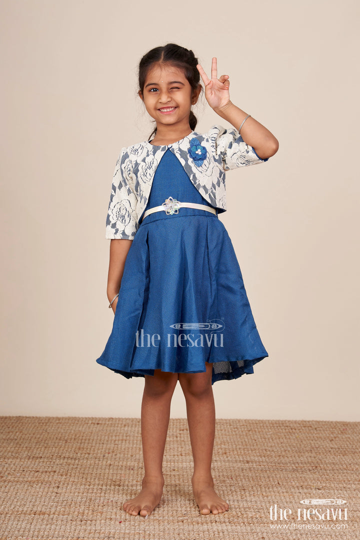 The Nesavu Girls Cotton Frock Girls Cotton Frock with Embroidered Jacket for Festive Outings and Events Nesavu 22 (4Y) / Blue GFC1918A-22 Nesavu girls cotton frock floral embroidery jacket  perfect festive outings school ethnic day