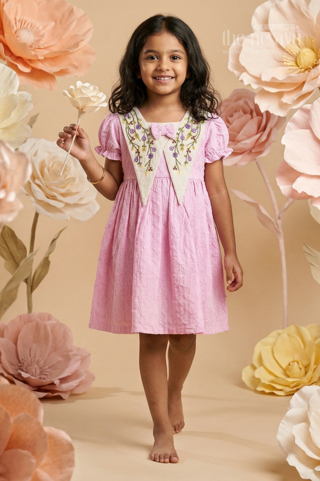 The Nesavu Girls Cotton Frock Girls Cotton Frock with Embroidered Yoke for Festive Gatherings and Celebrations Nesavu 18 (2Y) / Pink / Cotton GFC2159B-18 Nesavu Girls Cotton Embroidered Frock With Festive Yoke Design For Celebrations