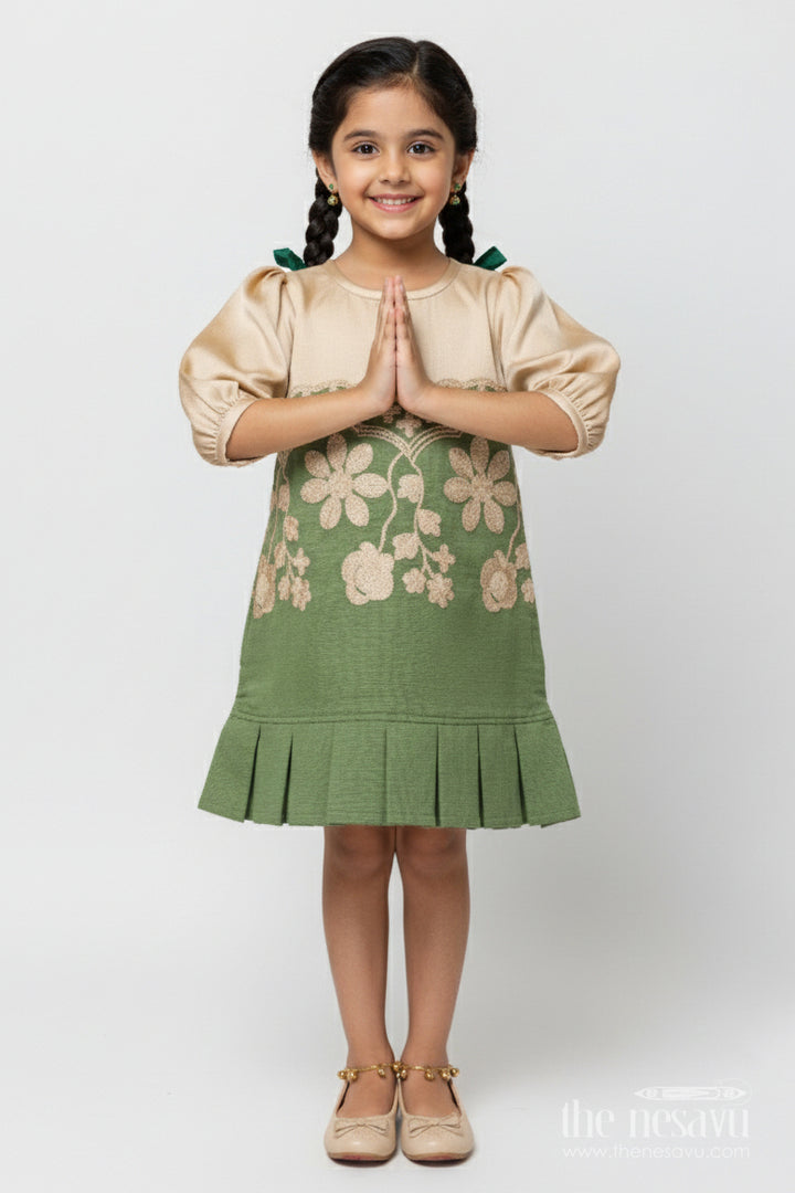 The Nesavu Girls Cotton Frock Girls Cotton Frock with Embroidery for Ethnic Celebrations Nesavu 16 (1Y) / Green GFC1866B-16 Nesavu girls embroidered cotton frock full sleeves festive ethnic wear