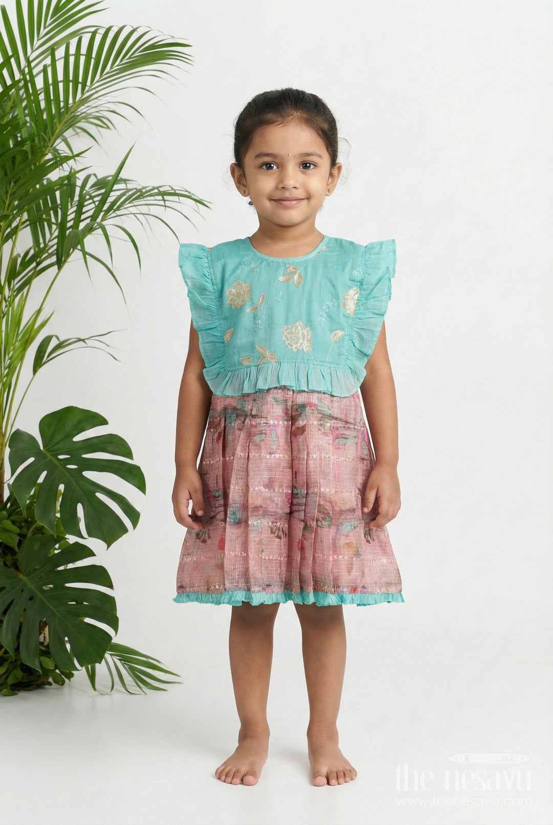 The Nesavu Girls Cotton Frock Girls Cotton Frock with Embroidery for Festivals and School Functions Nesavu 22 (4Y) / Blue GFC1803A-22 Nesavu girls embroidered cotton frock sequin work  perfect school events festive days