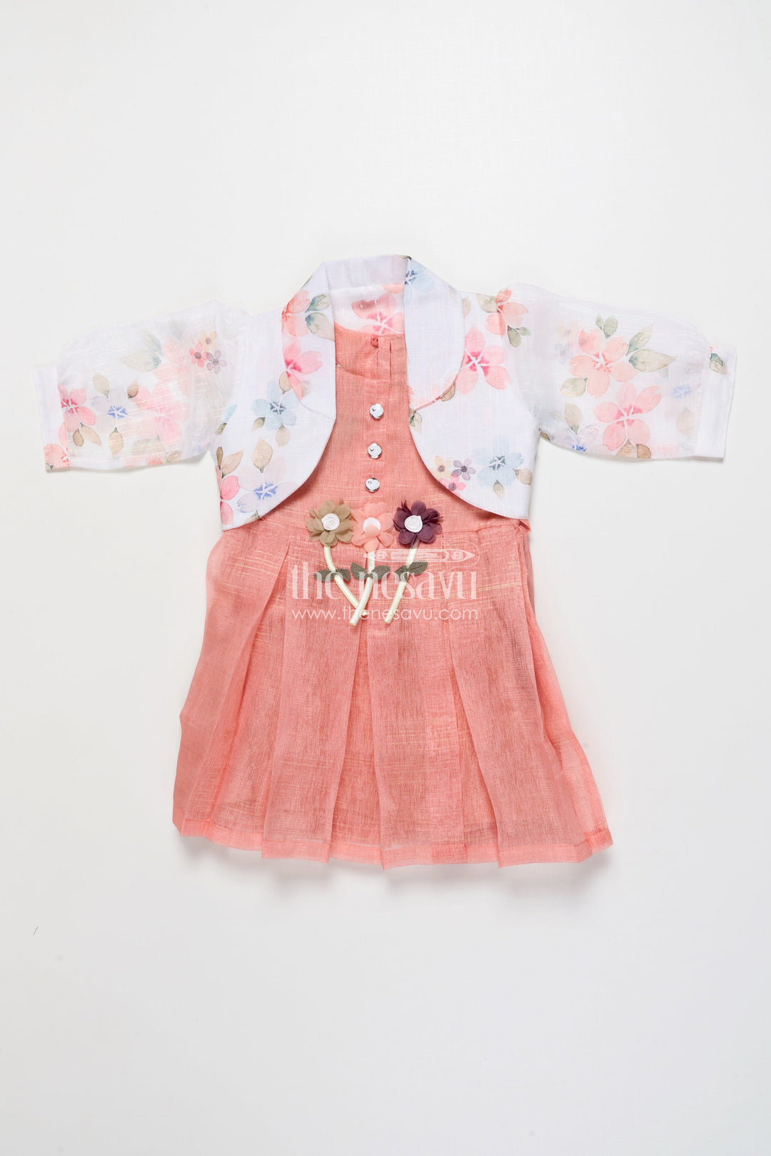 The Nesavu Girls Cotton Frock Girls Cotton Frock with Floral Jacket for Parties and Casual Wear Nesavu 18 (2Y) / Orange GFC1868A-18 Nesavu girls cotton frock 3D floral detailing organza printed jacket birthday-ready style
