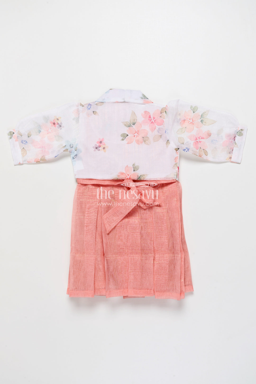 The Nesavu Girls Cotton Frock Girls Cotton Frock with Floral Jacket for Parties and Casual Wear Nesavu Nesavu girls cotton frock 3D floral detailing organza printed jacket birthday-ready style