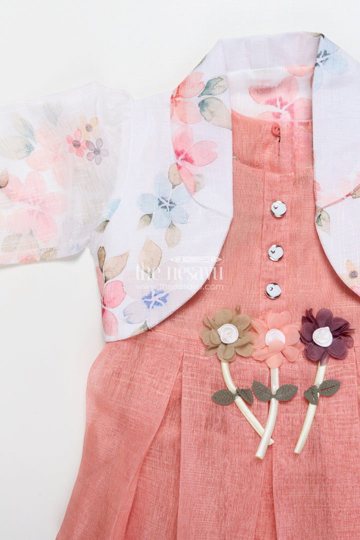 The Nesavu Girls Cotton Frock Girls Cotton Frock with Floral Jacket for Parties and Casual Wear Nesavu Nesavu girls cotton frock 3D floral detailing organza printed jacket birthday-ready style