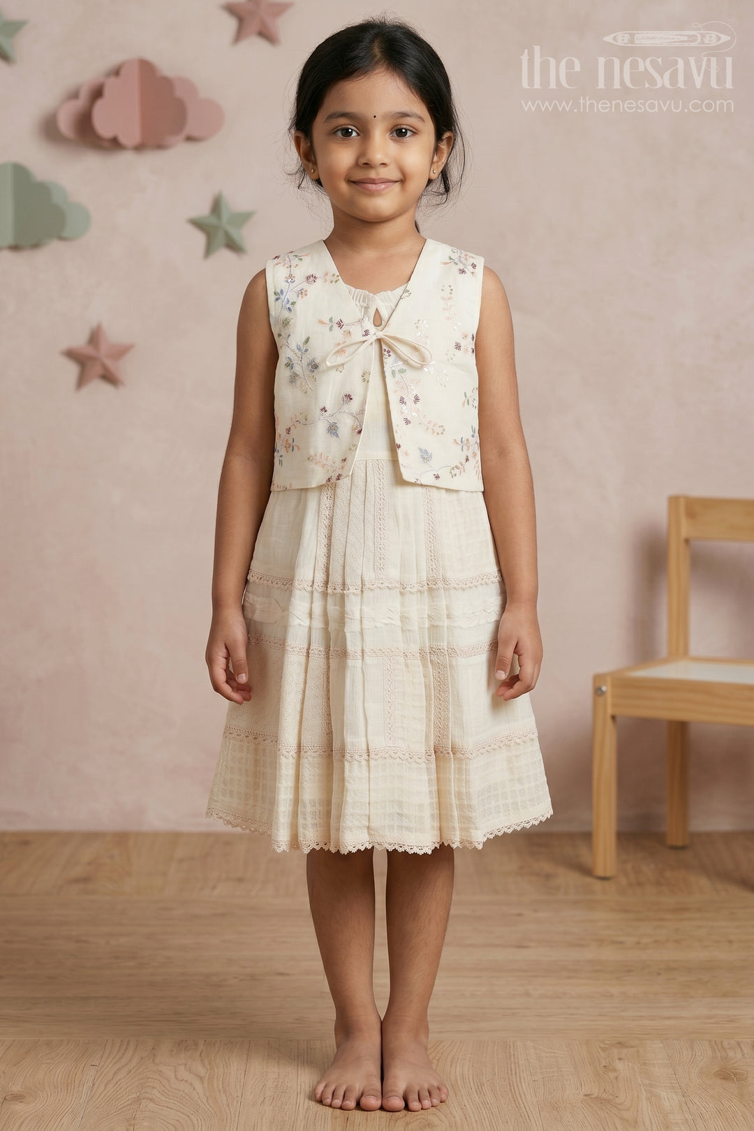 The Nesavu Girls Cotton Frock Girls Cotton Frock with Jacket for Festive Wear and Outings Nesavu 22 (4Y) / Cream / Cotton GFC2245A-22 Nesavu Girls Cotton Frock With Embroidered Jacket For Festive Wear And Casual Outings