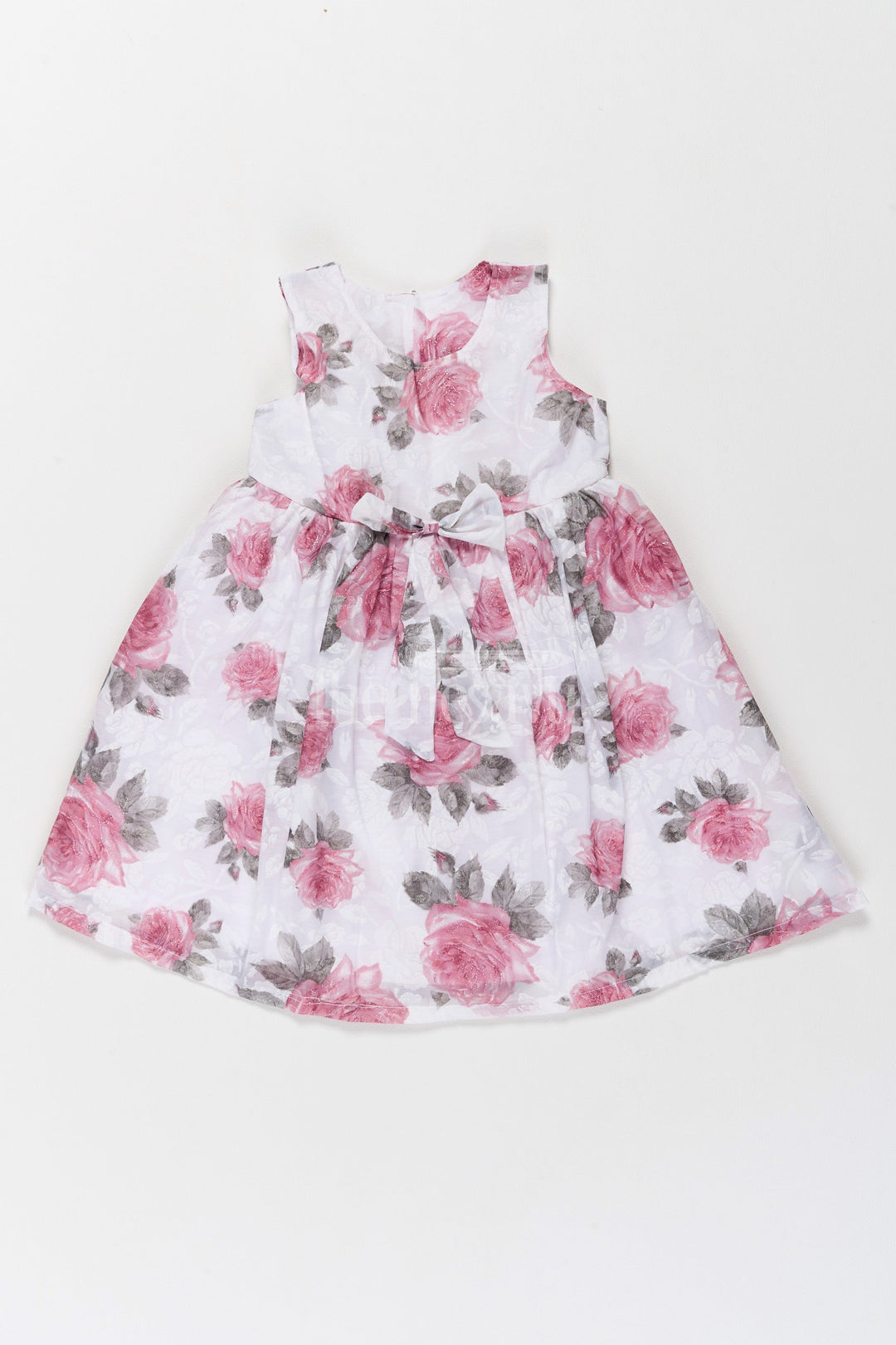 The Nesavu Girls Fancy Frock Girls Cotton Frock with Pink Rose Prints and Elegant Bow Accent Nesavu 22 (4Y) / Pink GFC1523B-22 Nesavu Girls Cotton Frock Pink Rose Prints Elegant Bow Accent