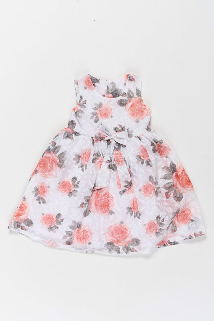 The Nesavu Girls Fancy Frock Girls Cotton Frock with Red Floral Print and Bow Tie Waist Nesavu 22 (4Y) / Red GFC1523A-22 Nesavu Girls Cotton Frock Red Floral Print Bow Tie Waist