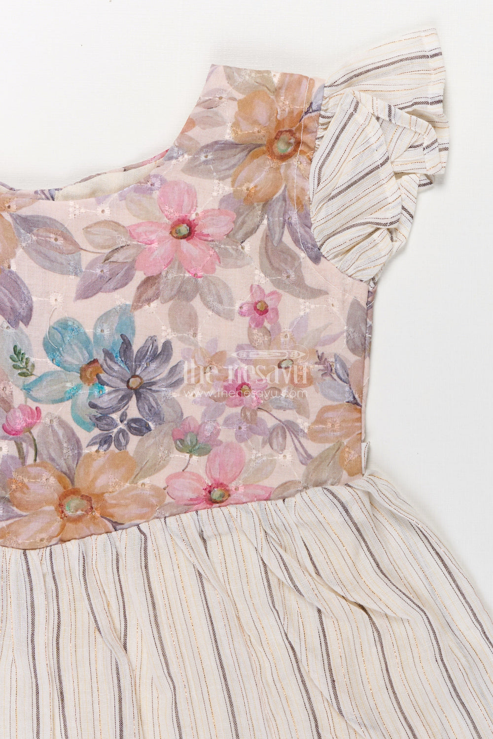 The Nesavu Girls Cotton Frock Girls Cotton Frock with Ruffled Sleeves and Floral Embroidery in Cream Colour Frock Style Nesavu Girls cream colour frock Ruffled Sleeves Floral Embroidery Hakoba Cotton Blend | The Nesavu