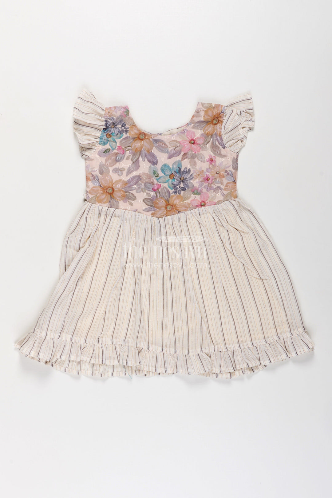 The Nesavu Girls Cotton Frock Girls Cotton Frock with Ruffled Sleeves and Floral Embroidery in Cream Colour Frock Style Nesavu Girls cream colour frock Ruffled Sleeves Floral Embroidery Hakoba Cotton Blend | The Nesavu