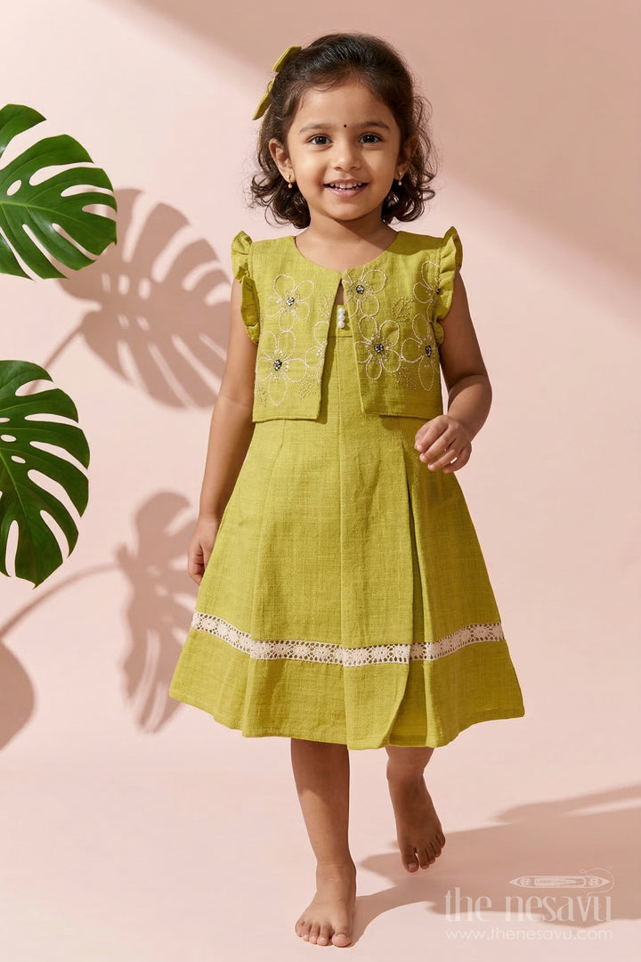 The Nesavu Girls Cotton Frock Girls Cotton Frock with Shrug for Festive Functions and School Celebrations Nesavu 20 (3Y) / Green / Cotton GFC2105A-20 Nesavu girls cotton blend frock with embroidered shrug for festive wear and school ethnic events
