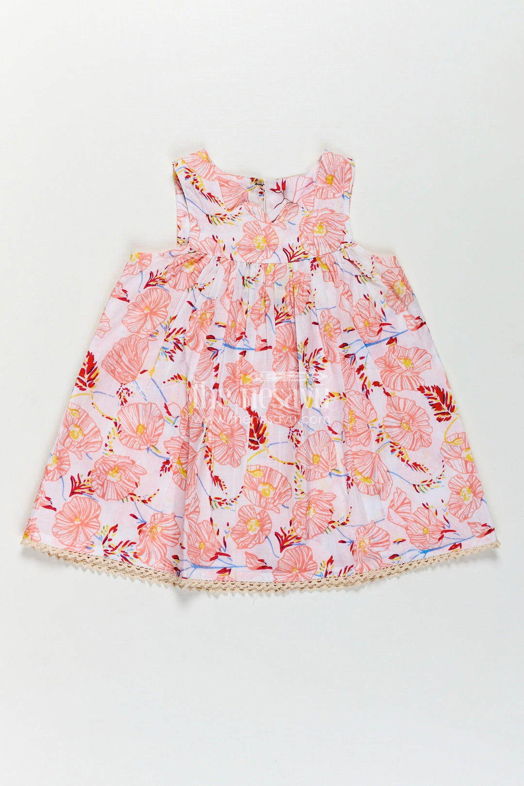 The Nesavu Girls Cotton Frock Girls Cotton Frocks Online for Kids in Sleeveless Style with Pink Floral Digital Print Nesavu 16 (1Y) / Pink GFC1749A-16 Cotton Frocks Online Kids Sleeveless Floral Style Lace Hem Gathered Waist | The Nesavu