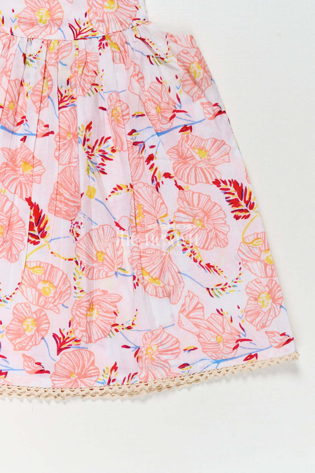 The Nesavu Girls Cotton Frock Girls Cotton Frocks Online for Kids in Sleeveless Style with Pink Floral Digital Print Nesavu Cotton Frocks Online Kids Sleeveless Floral Style Lace Hem Gathered Waist | The Nesavu