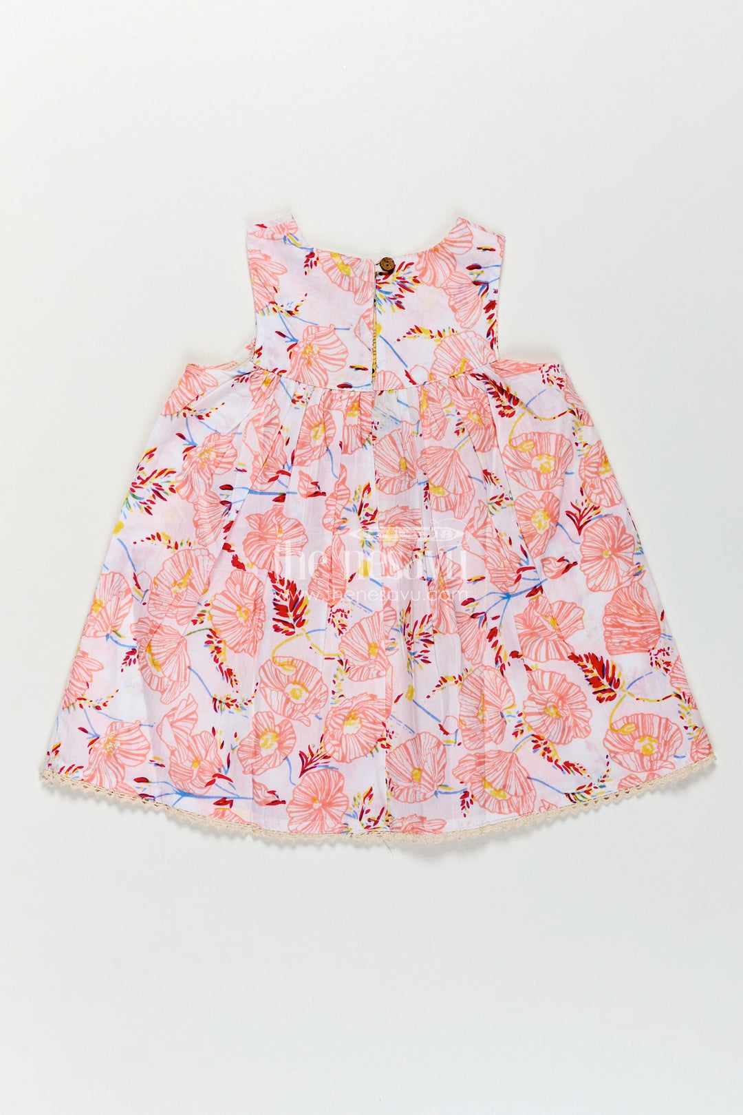 The Nesavu Girls Cotton Frock Girls Cotton Frocks Online for Kids in Sleeveless Style with Pink Floral Digital Print Nesavu Cotton Frocks Online Kids Sleeveless Floral Style Lace Hem Gathered Waist | The Nesavu