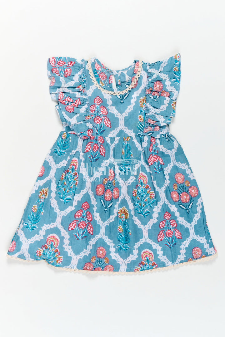 The Nesavu Girls Cotton Frock Girls Cotton Function Wear Frocks with Puff Sleeves and Classic Floral Digital Print in Teal Blue Nesavu 16 (1Y) / Gray GFC1745A-16 Girls Cotton Function Wear Frocks Puff Sleeves Teal Blue Floral Print | The Nesavu