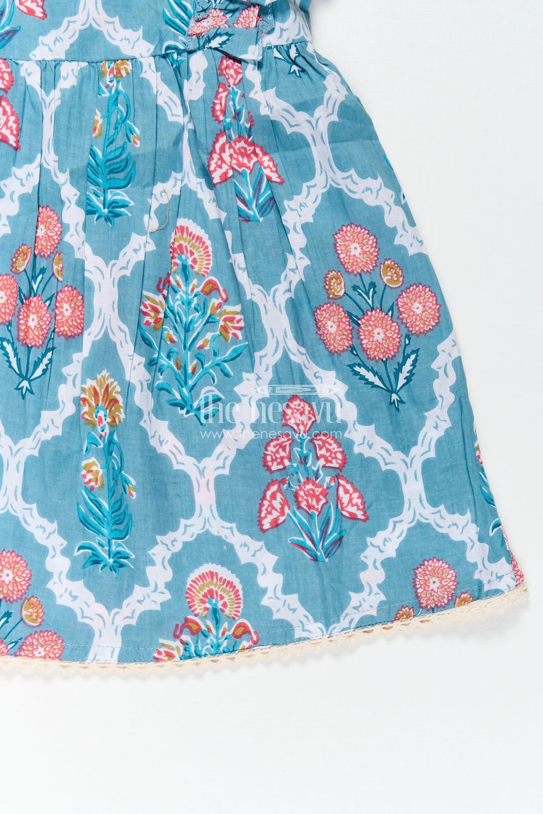 The Nesavu Girls Cotton Frock Girls Cotton Function Wear Frocks with Puff Sleeves and Classic Floral Digital Print in Teal Blue Nesavu Girls Cotton Function Wear Frocks Puff Sleeves Teal Blue Floral Print | The Nesavu