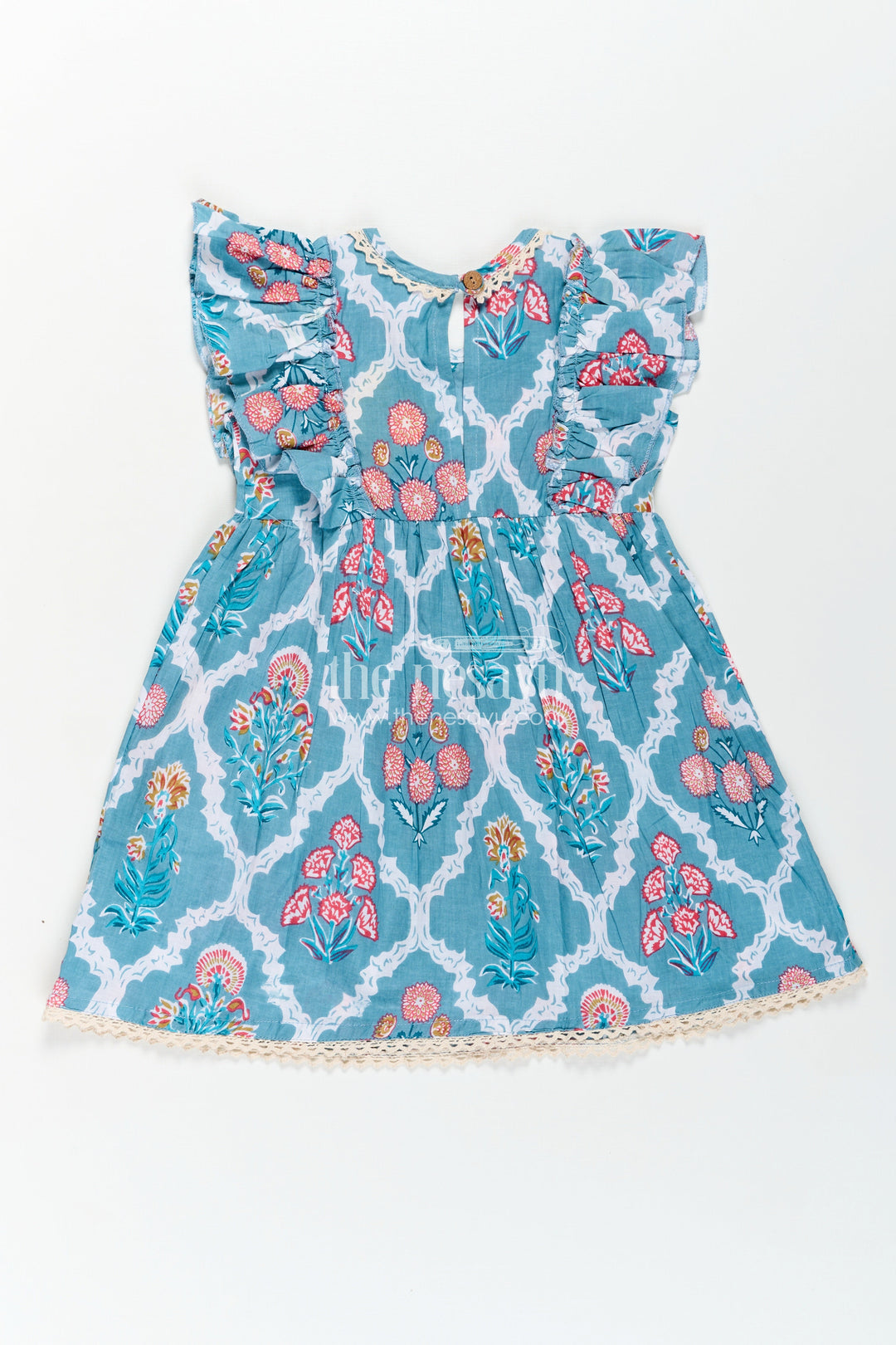 The Nesavu Girls Cotton Frock Girls Cotton Function Wear Frocks with Puff Sleeves and Classic Floral Digital Print in Teal Blue Nesavu Girls Cotton Function Wear Frocks Puff Sleeves Teal Blue Floral Print | The Nesavu
