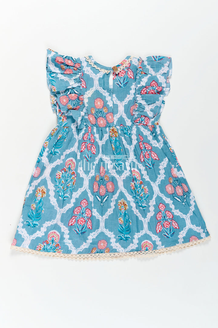 The Nesavu Girls Cotton Frock Girls Cotton Function Wear Frocks with Puff Sleeves and Classic Floral Digital Print in Teal Blue Nesavu Girls Cotton Function Wear Frocks Puff Sleeves Teal Blue Floral Print | The Nesavu