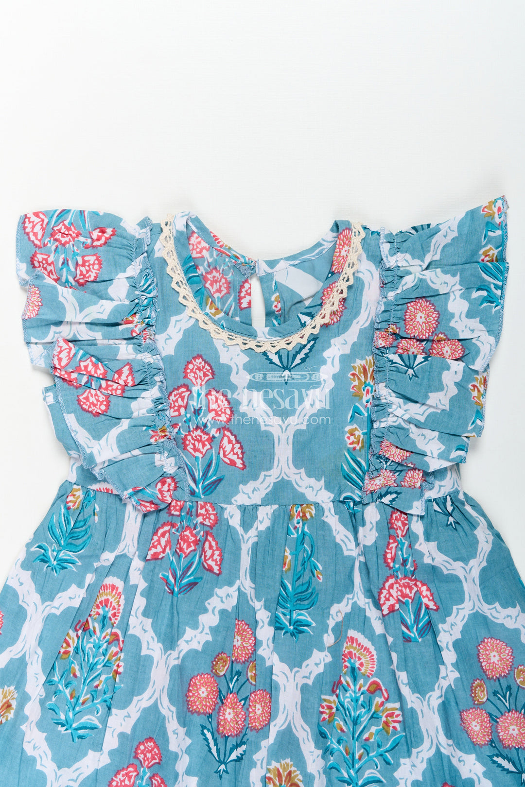 The Nesavu Girls Cotton Frock Girls Cotton Function Wear Frocks with Puff Sleeves and Classic Floral Digital Print in Teal Blue Nesavu Girls Cotton Function Wear Frocks Puff Sleeves Teal Blue Floral Print | The Nesavu